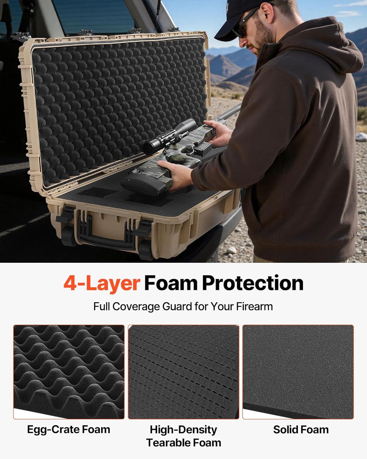 image:imageVEVOR Rifle Case Rifle Hard Case with 4 Layers Fullyprotective Foams Lockable Hard Gun Case with Wheels IP67 Waterproof amp Crushproof for Rifles or ShotgunsKhaki