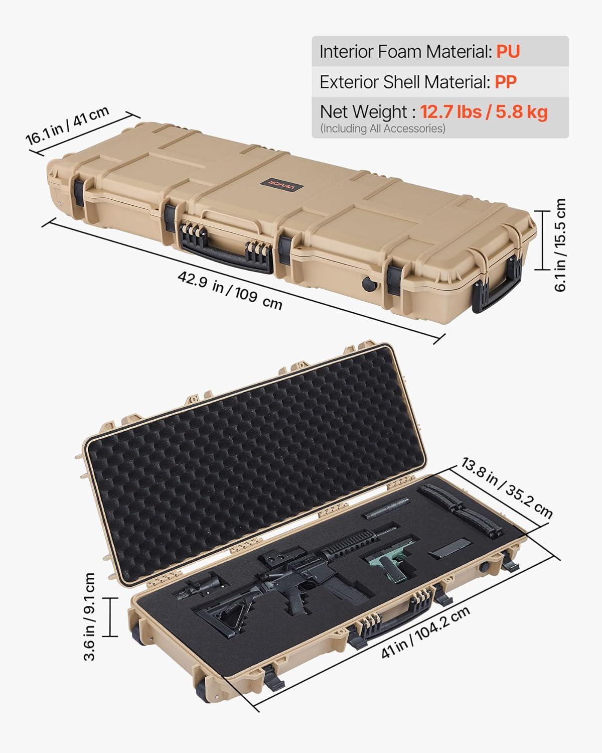 image:imageVEVOR Rifle Case Rifle Hard Case with 4 Layers Fullyprotective Foams Lockable Hard Gun Case with Wheels IP67 Waterproof amp Crushproof for Rifles or ShotgunsKhaki