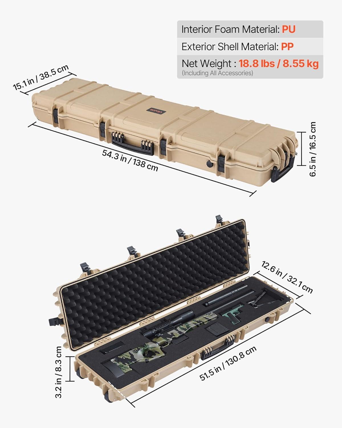 image:imageVEVOR Rifle Case Rifle Hard Case with 4 Layers Fullyprotective Foams Lockable Hard Gun Case with Wheels IP67 Waterproof amp Crushproof for Rifles or ShotgunsKhaki