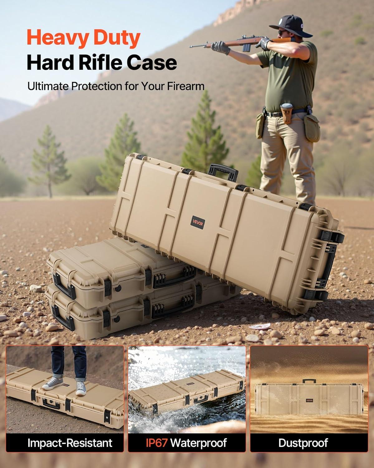 image:imageVEVOR Rifle Case Rifle Hard Case with 4 Layers Fullyprotective Foams Lockable Hard Gun Case with Wheels IP67 Waterproof amp Crushproof for Rifles or ShotgunsKhaki