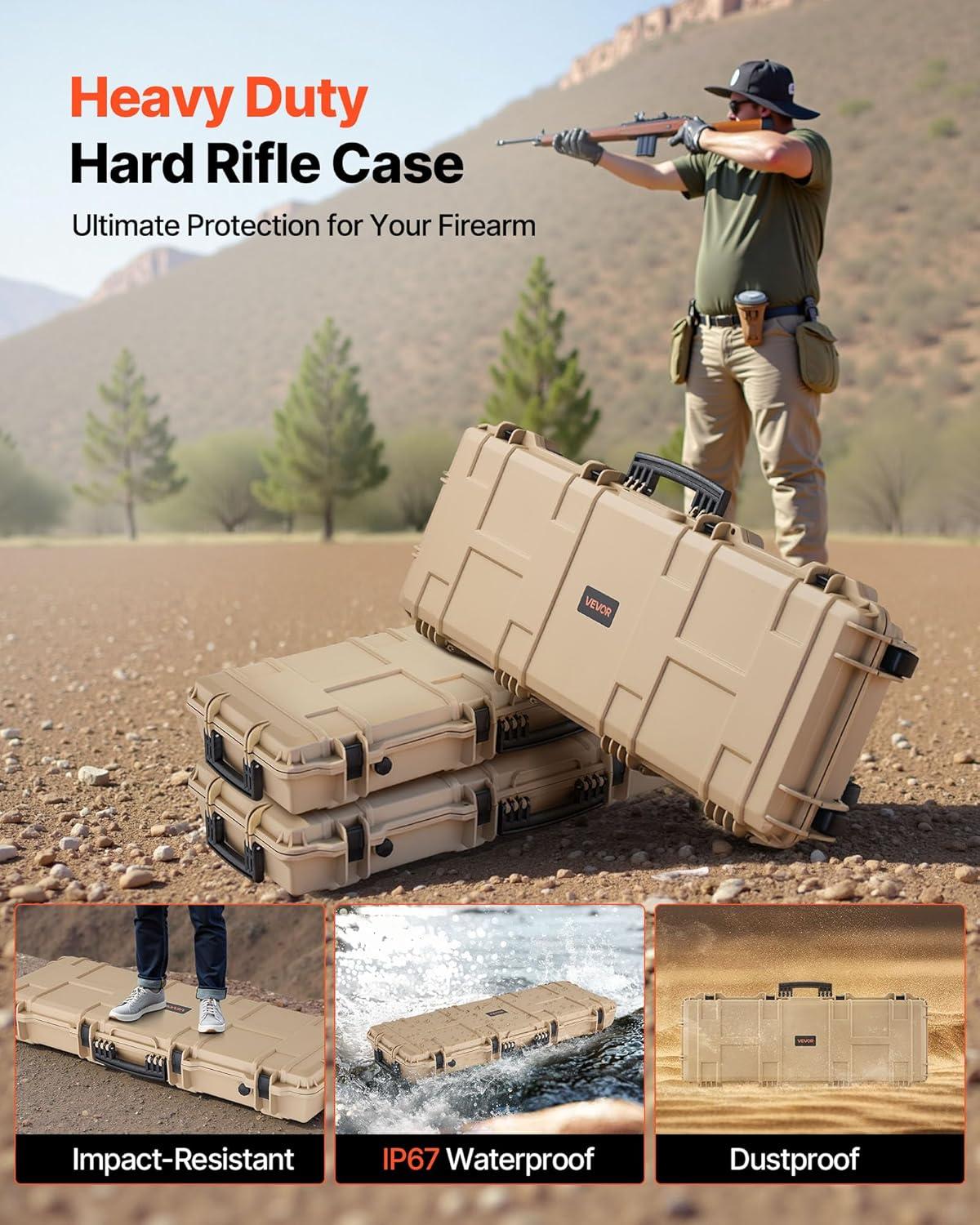 image:imageVEVOR Rifle Case Rifle Hard Case with 4 Layers Fullyprotective Foams Lockable Hard Gun Case with Wheels IP67 Waterproof amp Crushproof for Rifles or ShotgunsKhaki