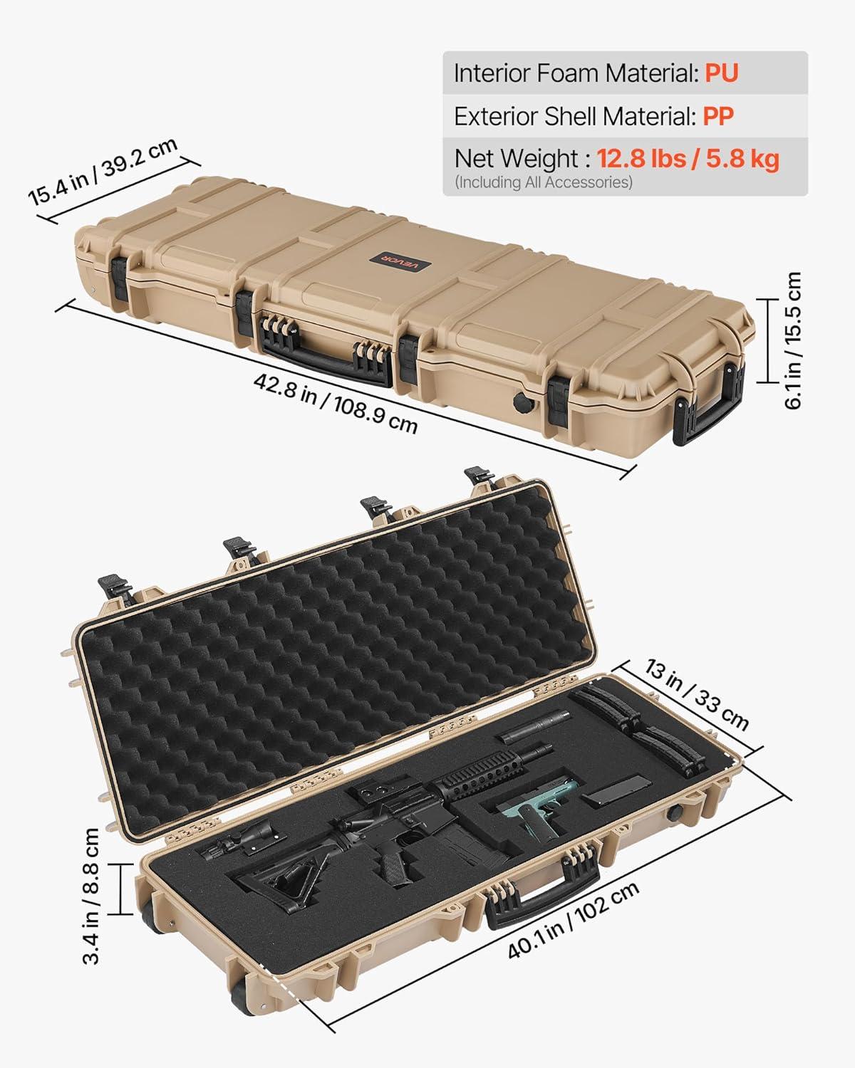 image:imageVEVOR Rifle Case Rifle Hard Case with 4 Layers Fullyprotective Foams Lockable Hard Gun Case with Wheels IP67 Waterproof amp Crushproof for Rifles or ShotgunsKhaki