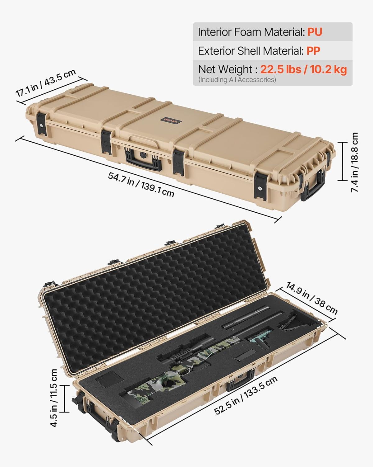 image:imageVEVOR Rifle Case Rifle Hard Case with 4 Layers Fullyprotective Foams Lockable Hard Gun Case with Wheels IP67 Waterproof amp Crushproof for Rifles or ShotgunsKhaki