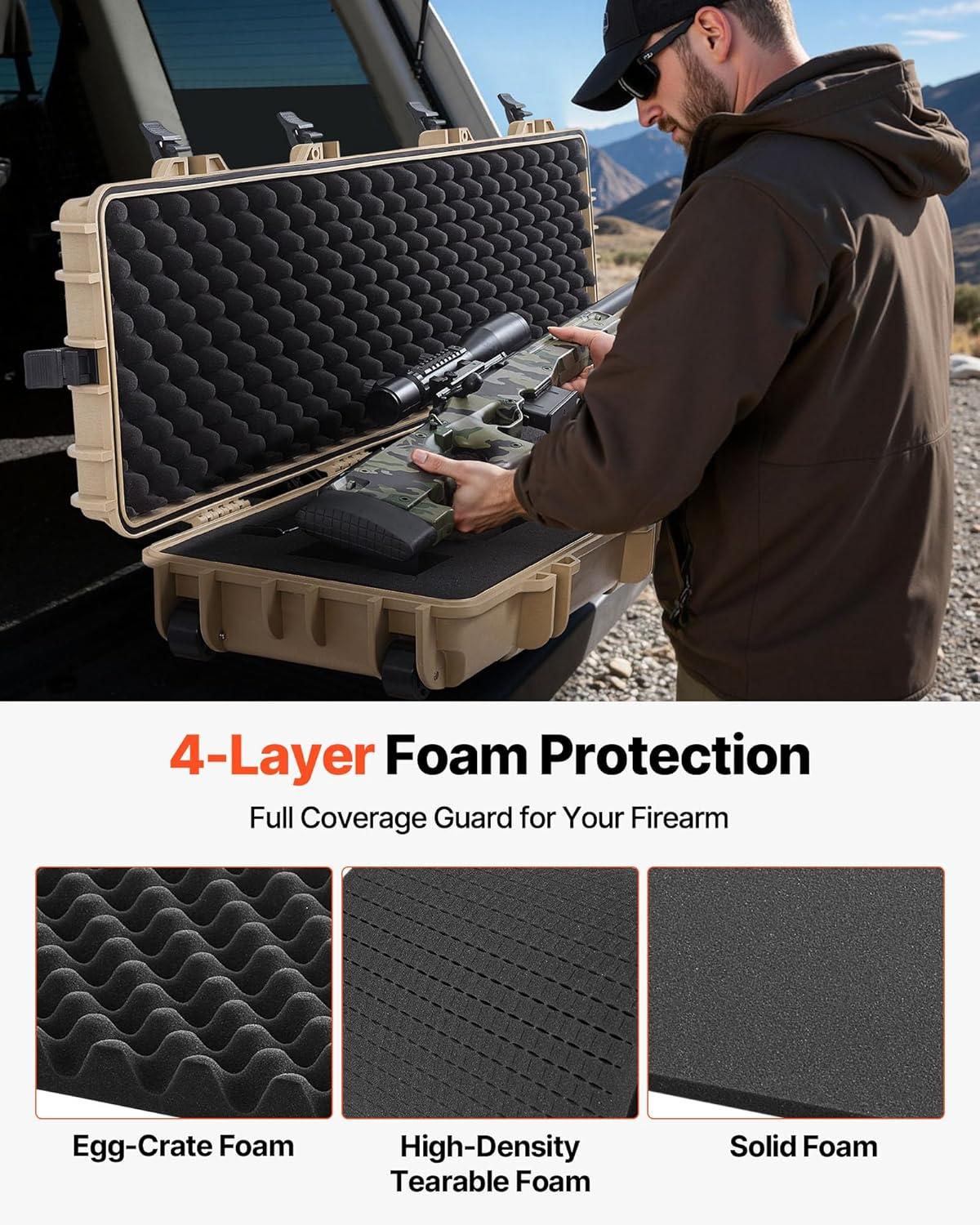 image:imageVEVOR Rifle Case Rifle Hard Case with 4 Layers Fullyprotective Foams Lockable Hard Gun Case with Wheels IP67 Waterproof amp Crushproof for Rifles or ShotgunsKhaki