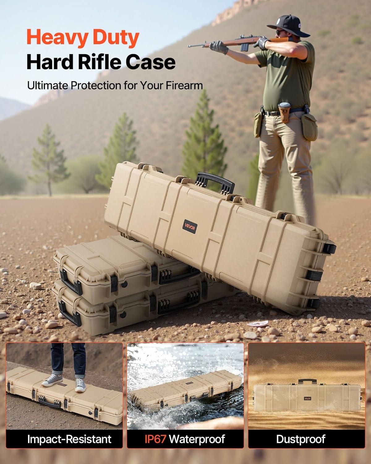 image:imageVEVOR Rifle Case Rifle Hard Case with 4 Layers Fullyprotective Foams Lockable Hard Gun Case with Wheels IP67 Waterproof amp Crushproof for Rifles or ShotgunsKhaki