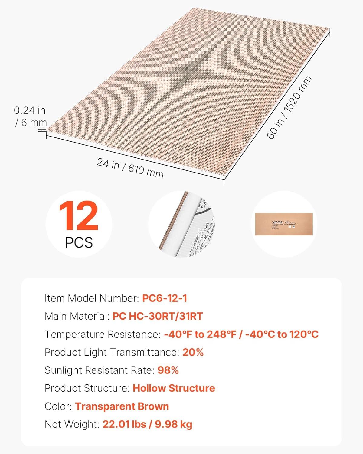 image:imageVEVOR Roof Panels 12Pcs Polycarbonate Roofing Panels Double Layer High Impact Corrugated Plastic Greenhouse Replacement Cover Waterproof for Gazebos Chicken Coops Home Garden 5 x 2 x 024