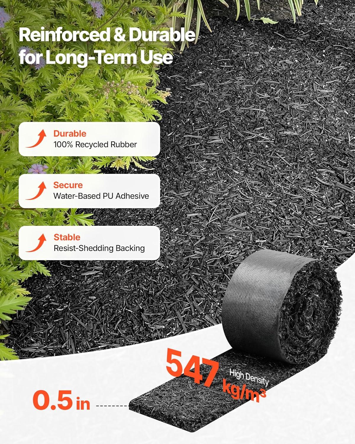 image:imageVEVOR Rubber Mulch Mat Roll 4 Rolls 120 x 45 in Recycled Rubber Permanent Mulch Edging Border NaturalLooking Flower Barrier with Stakes 05 in Thick Cuttable Garden Edgings for Landscaping