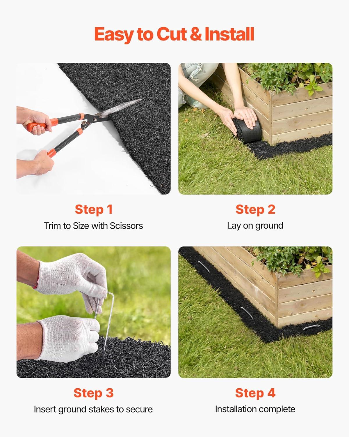 image:imageVEVOR Rubber Mulch Mat Roll 4 Rolls 120 x 45 in Recycled Rubber Permanent Mulch Edging Border NaturalLooking Flower Barrier with Stakes 05 in Thick Cuttable Garden Edgings for Landscaping