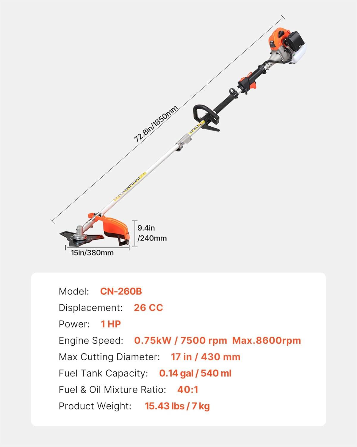image:imageVEVOR String Trimmer 26cc 2 in 1 Weed Eater 17 Grass Trimmer with 10 Brush Cutter Weed Eater Gas Powered Shoulder Strap amp 3T Blade 2Stroke Weed Wacker Gas for Quick Grass Cleaning26 CC