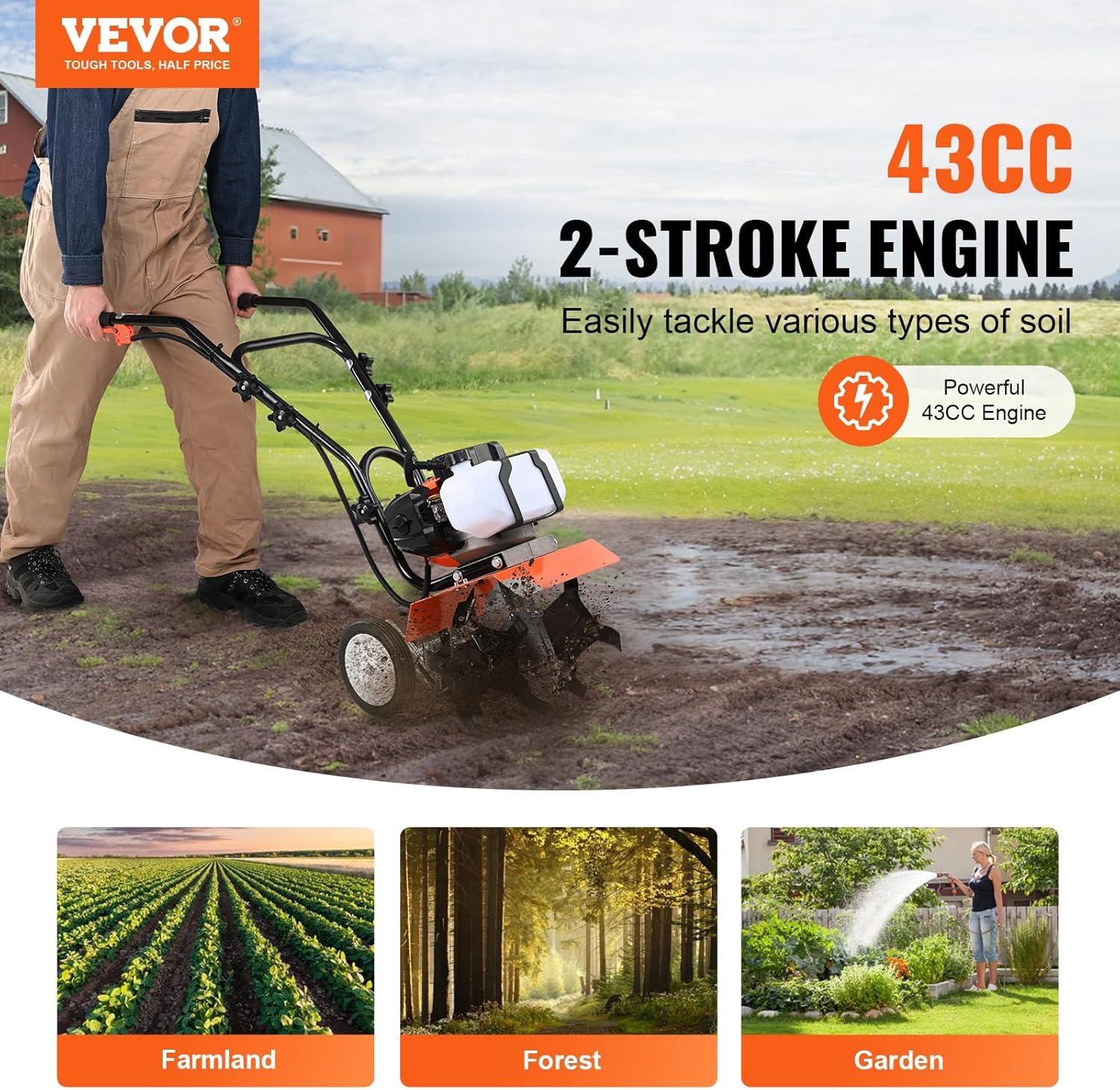 image:imageVEVOR Tiller Cultivator Gas Powered 43CC 2Stroke Garden Cultivator Tiller with 4 Steel Adjustable Front Tines for Lawn Garden and Field Soil Cultivation43CC 2Stroke