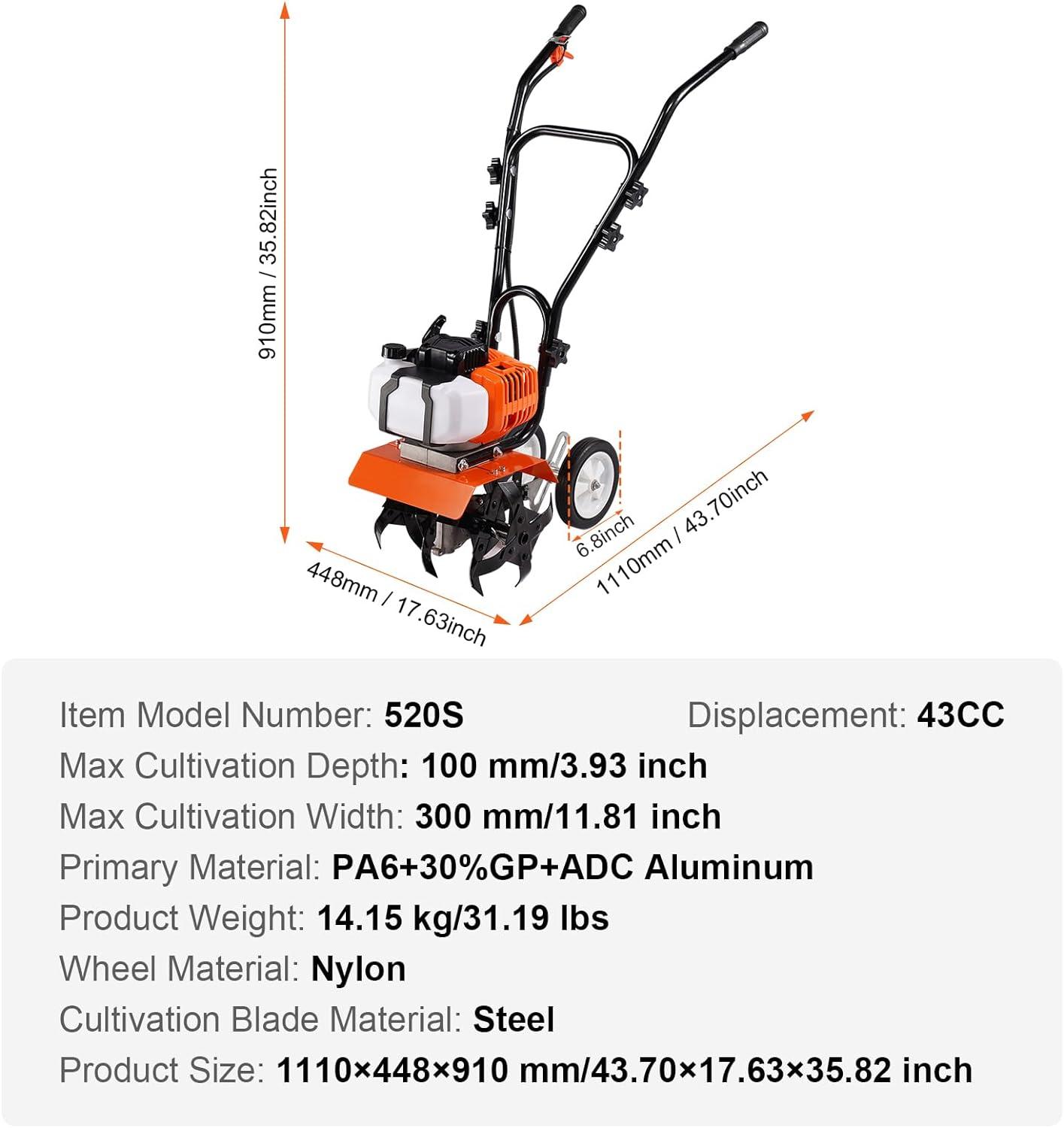 image:imageVEVOR Tiller Cultivator Gas Powered 43CC 2Stroke Garden Cultivator Tiller with 4 Steel Adjustable Front Tines for Lawn Garden and Field Soil Cultivation43CC 2Stroke