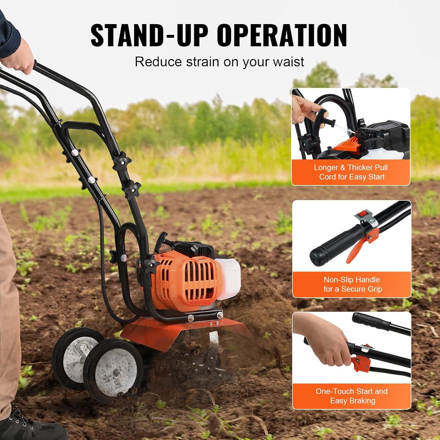 image:imageVEVOR Tiller Cultivator Gas Powered 43CC 2Stroke Garden Cultivator Tiller with 4 Steel Adjustable Front Tines for Lawn Garden and Field Soil Cultivation43CC 2Stroke