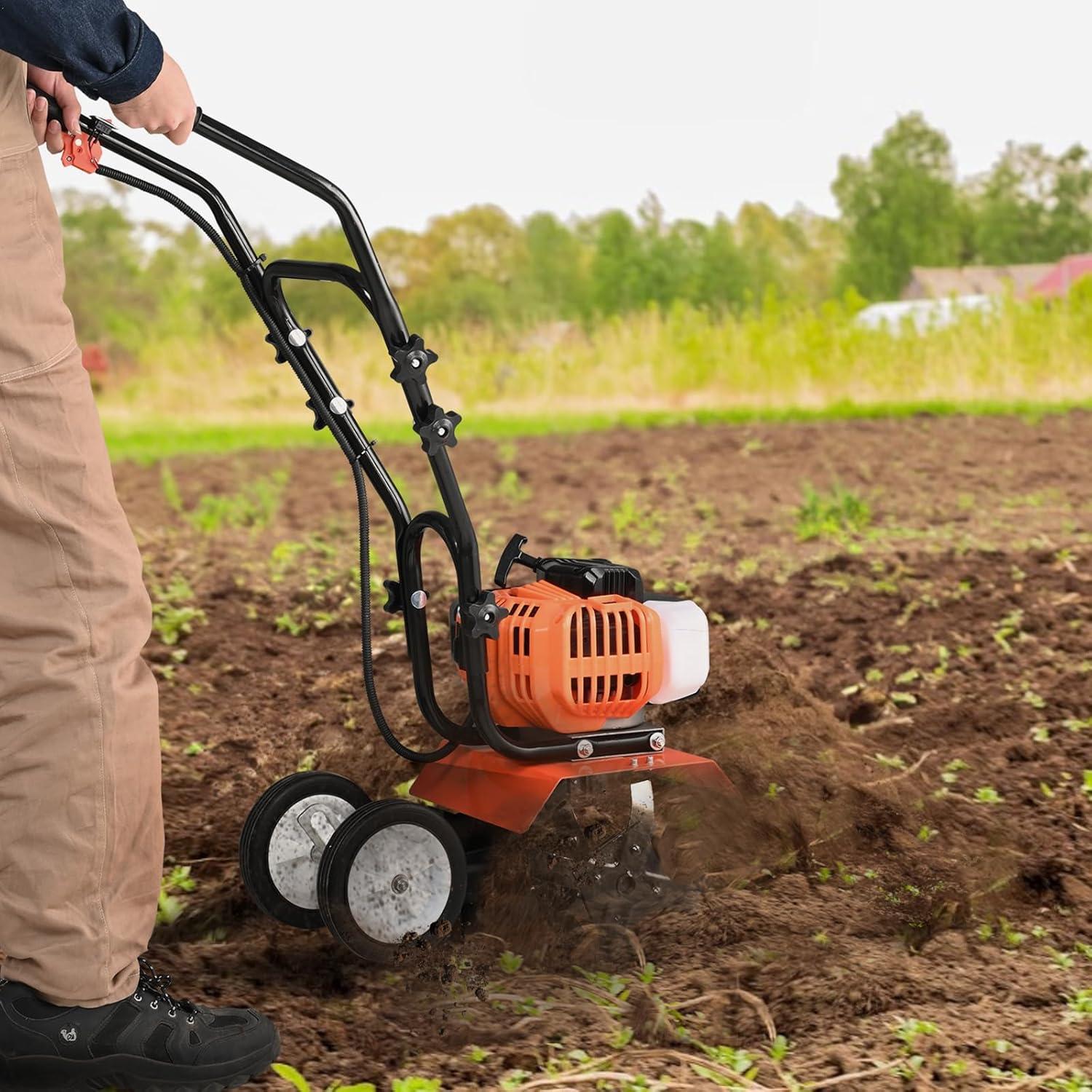image:imageVEVOR Tiller Cultivator Gas Powered 43CC 2Stroke Garden Cultivator Tiller with 4 Steel Adjustable Front Tines for Lawn Garden and Field Soil Cultivation43CC 2Stroke