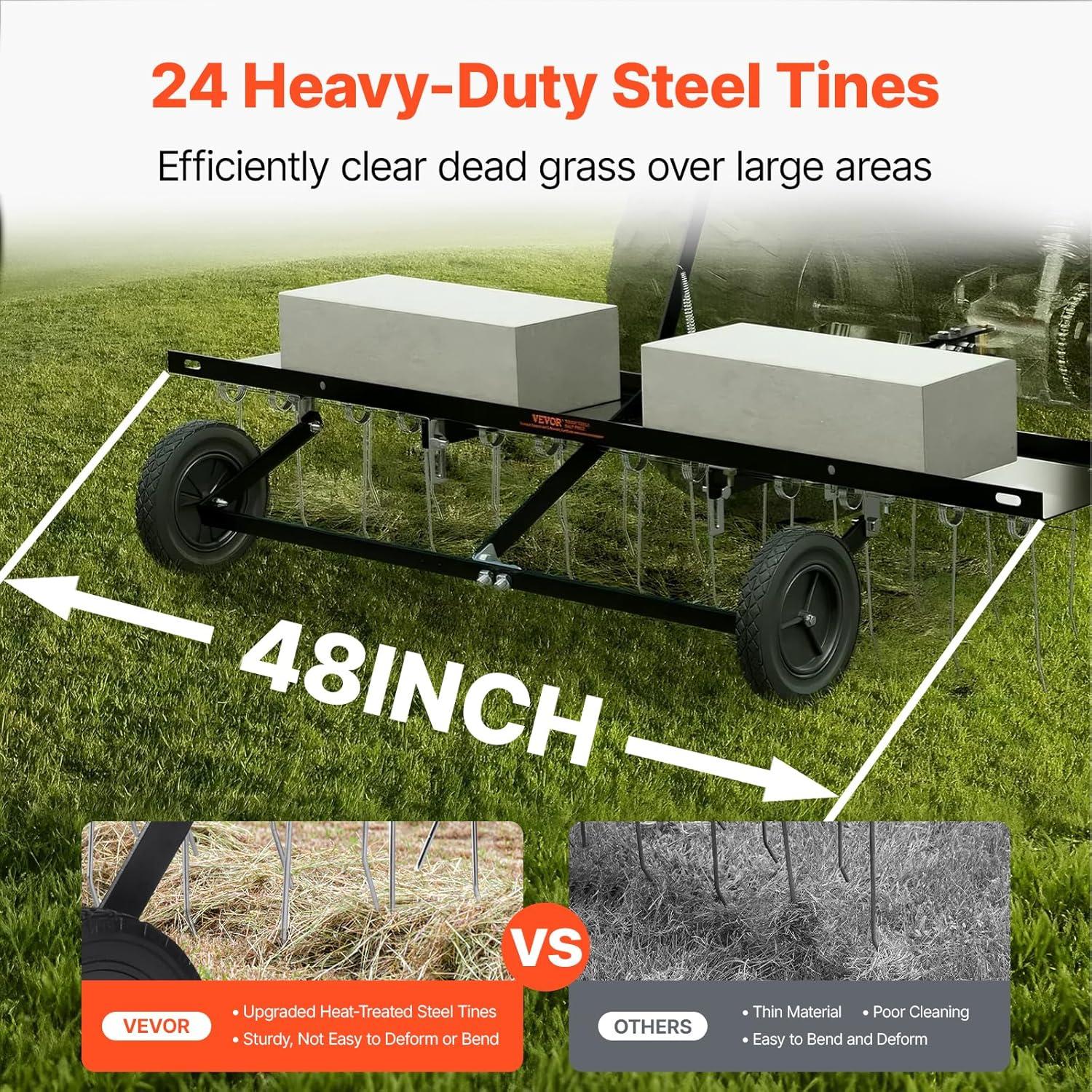 image:imageVEVOR Tow Behind Dethatcher 48inch Tow Dethatcher with 24 Spring Steel Tines Lawn Dethatcher Rake for ATV or Mower Tow Behind Lawn Rake with Lift Handle for Garden Farm Grass48 ATV Rake