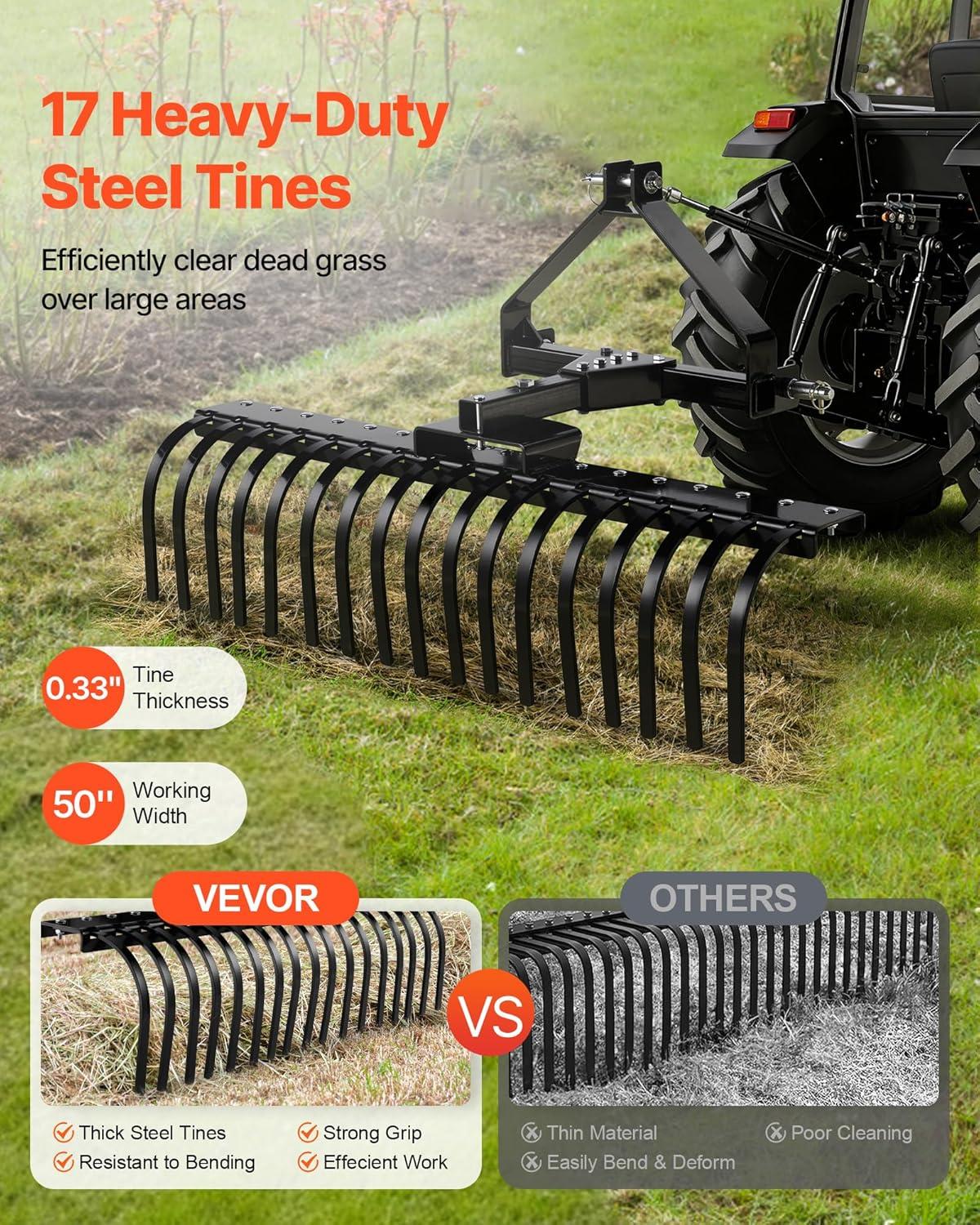 image:imageVEVOR Tow Behind Dethatcher 48inch Tow Dethatcher with 24 Spring Steel Tines Lawn Dethatcher Rake for ATV or Mower Tow Behind Lawn Rake with Lift Handle for Garden Farm Grass50 Dethatcher with 3Point Attachments