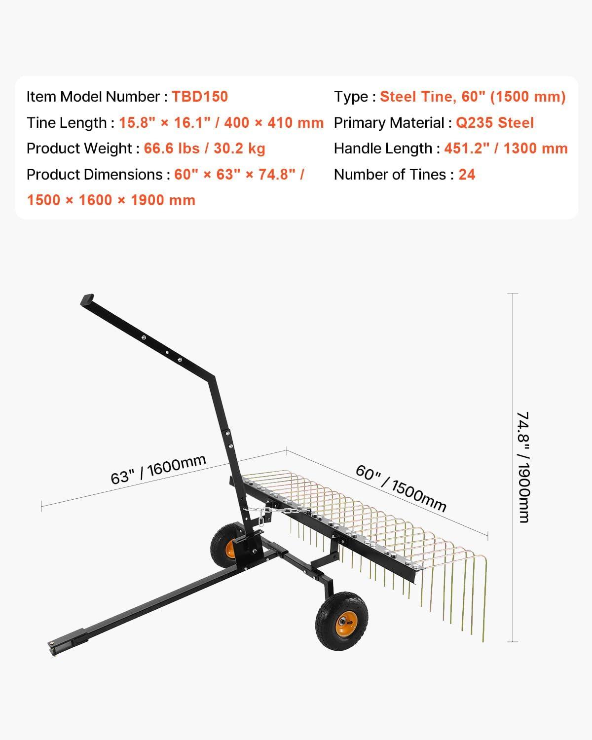 image:imageVEVOR Tow Behind Dethatcher 48inch Tow Dethatcher with 24 Spring Steel Tines Lawn Dethatcher Rake for ATV or Mower Tow Behind Lawn Rake with Lift Handle for Garden Farm Grass60 Tow Behind Dethatcher