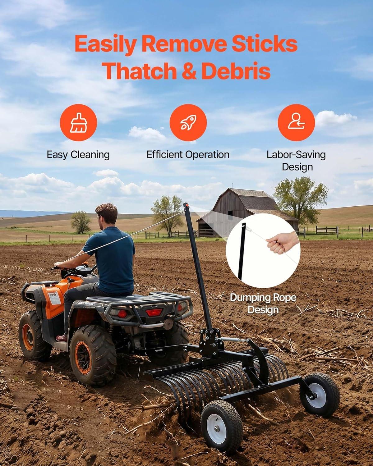 image:imageVEVOR Tow Behind Dethatcher 48inch Tow Dethatcher with 24 Spring Steel Tines Lawn Dethatcher Rake for ATV or Mower Tow Behind Lawn Rake with Lift Handle for Garden Farm Grass48 Dethatcher with Height Adjustment