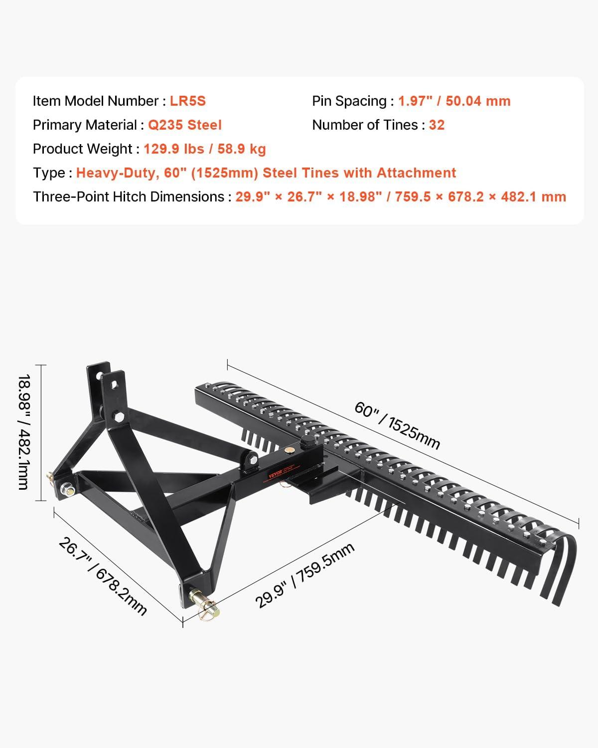 image:imageVEVOR Tow Behind Dethatcher 48inch Tow Dethatcher with 24 Spring Steel Tines Lawn Dethatcher Rake for ATV or Mower Tow Behind Lawn Rake with Lift Handle for Garden Farm Grass60 Tow Dethatcher with 3point Attachments
