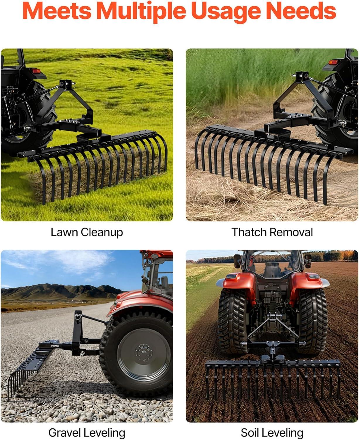 image:imageVEVOR Tow Behind Dethatcher 48inch Tow Dethatcher with 24 Spring Steel Tines Lawn Dethatcher Rake for ATV or Mower Tow Behind Lawn Rake with Lift Handle for Garden Farm Grass50 Dethatcher with 3Point Attachments