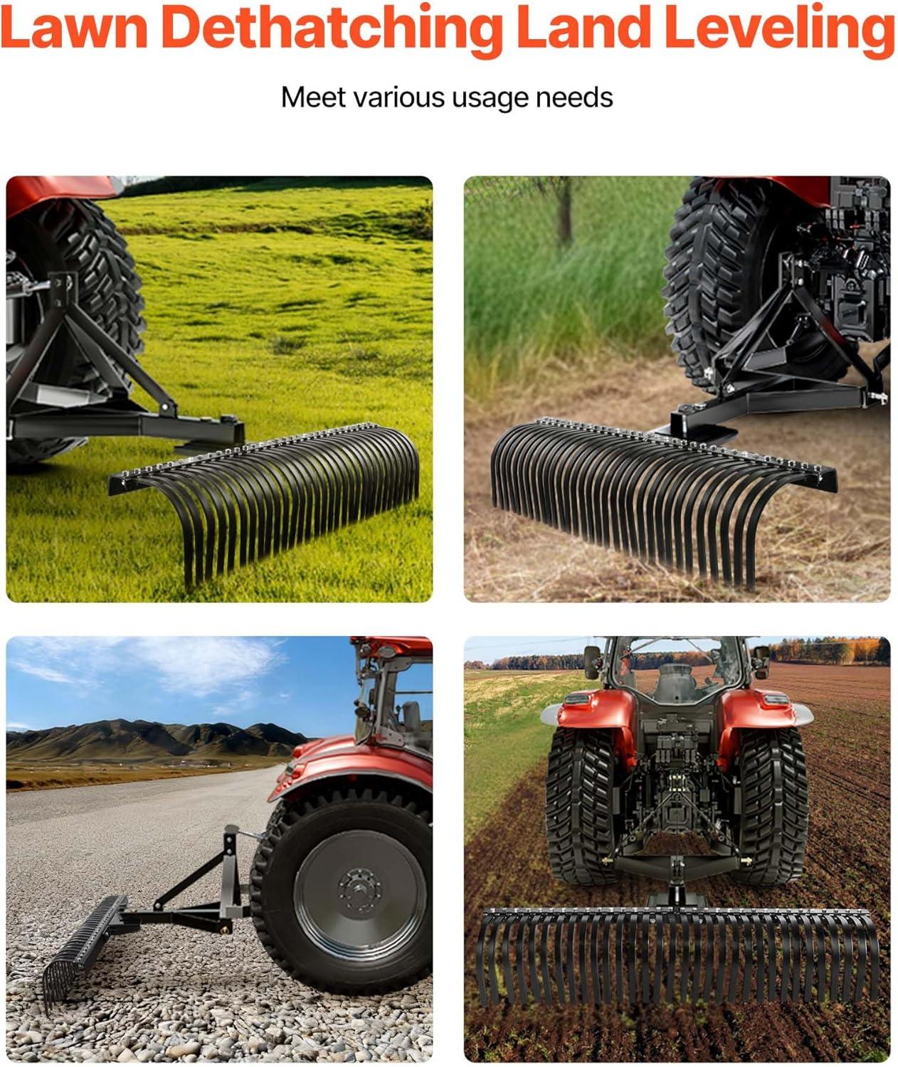 image:imageVEVOR Tow Behind Dethatcher 48inch Tow Dethatcher with 24 Spring Steel Tines Lawn Dethatcher Rake for ATV or Mower Tow Behind Lawn Rake with Lift Handle for Garden Farm Grass60 3point Dethatcher with Attachments