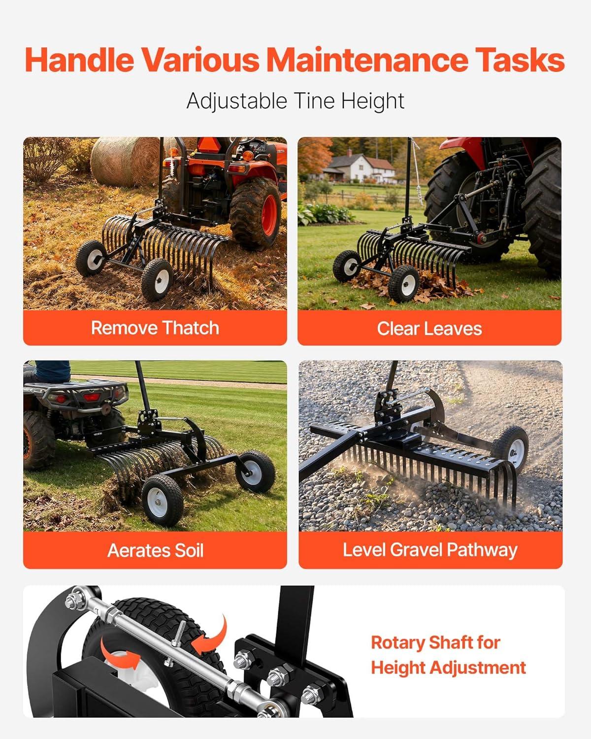 image:imageVEVOR Tow Behind Dethatcher 48inch Tow Dethatcher with 24 Spring Steel Tines Lawn Dethatcher Rake for ATV or Mower Tow Behind Lawn Rake with Lift Handle for Garden Farm Grass48 Dethatcher with Height Adjustment