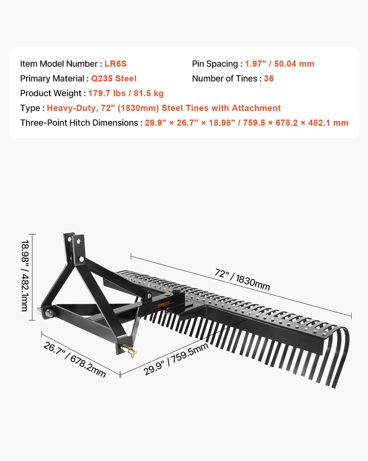 image:imageVEVOR Tow Behind Dethatcher 48inch Tow Dethatcher with 24 Spring Steel Tines Lawn Dethatcher Rake for ATV or Mower Tow Behind Lawn Rake with Lift Handle for Garden Farm Grass72 Tow Dethatcher with 3point Attachments
