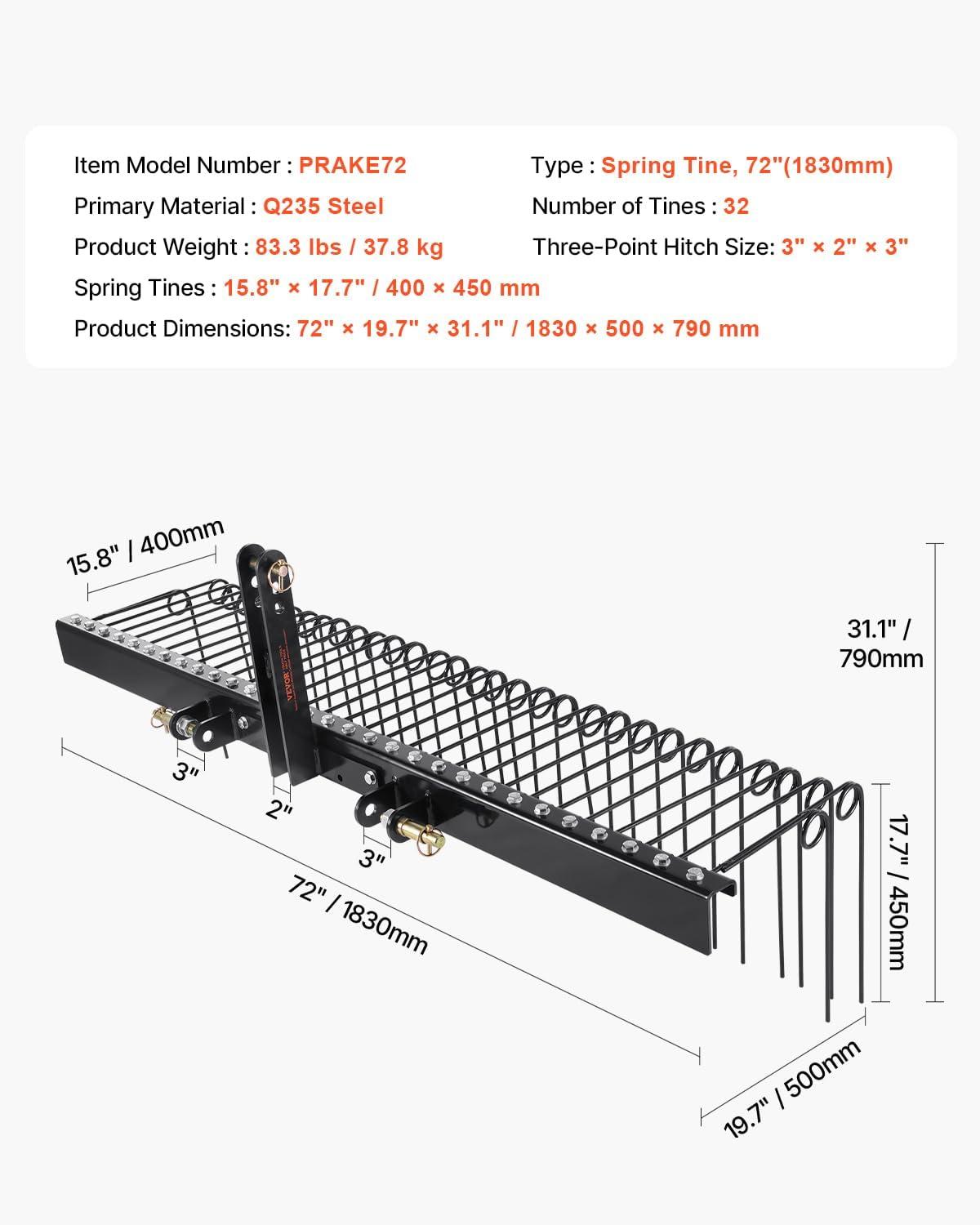 image:imageVEVOR Tow Behind Dethatcher 48inch Tow Dethatcher with 24 Spring Steel Tines Lawn Dethatcher Rake for ATV or Mower Tow Behind Lawn Rake with Lift Handle for Garden Farm Grass72 Tow Behind Dethatcher