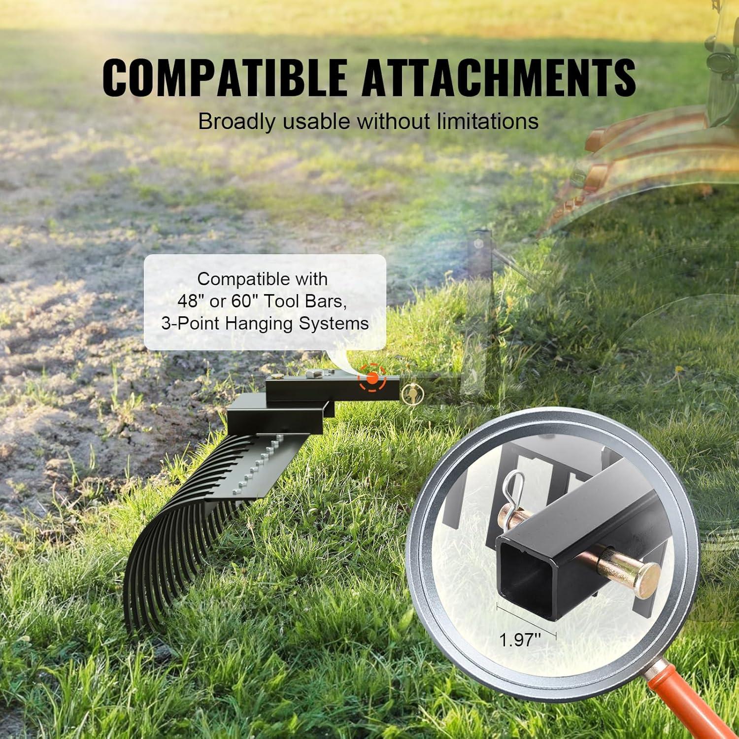 image:imageVEVOR Tow Behind Dethatcher 48inch Tow Dethatcher with 24 Spring Steel Tines Lawn Dethatcher Rake for ATV or Mower Tow Behind Lawn Rake with Lift Handle for Garden Farm Grass60 Rake without 3Point Attachments