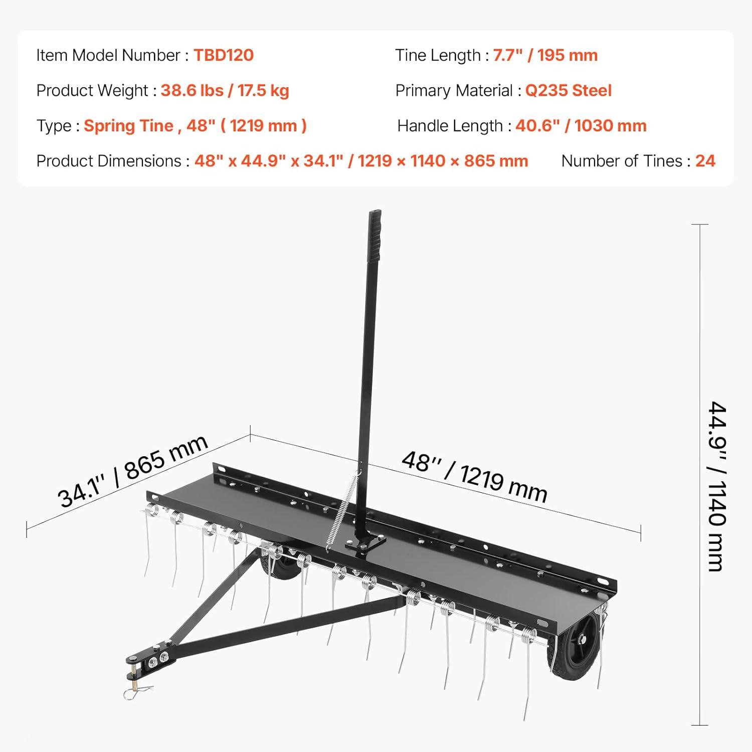 image:imageVEVOR Tow Behind Dethatcher 48inch Tow Dethatcher with 24 Spring Steel Tines Lawn Dethatcher Rake for ATV or Mower Tow Behind Lawn Rake with Lift Handle for Garden Farm Grass48 ATV Rake