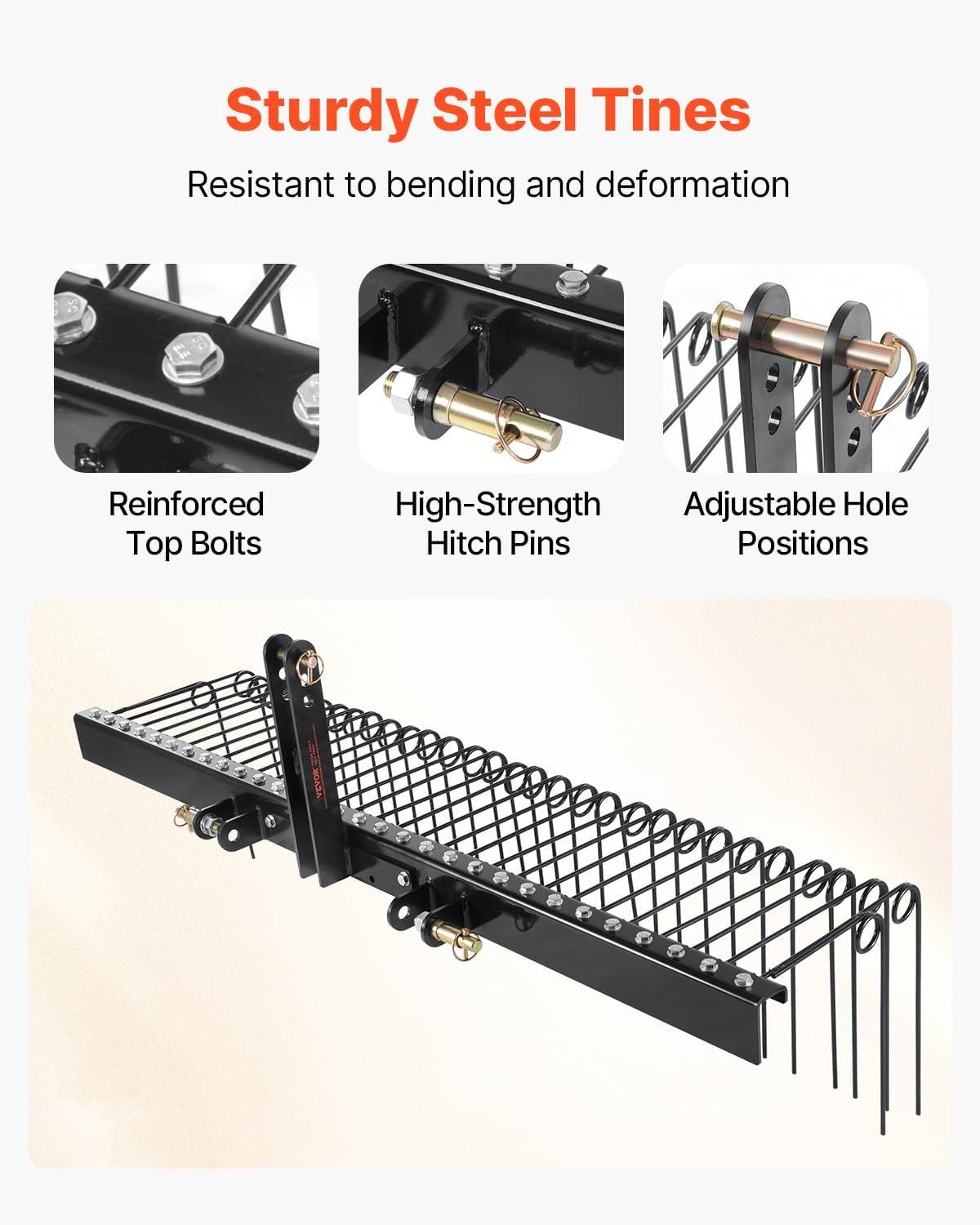 image:imageVEVOR Tow Behind Dethatcher 48inch Tow Dethatcher with 24 Spring Steel Tines Lawn Dethatcher Rake for ATV or Mower Tow Behind Lawn Rake with Lift Handle for Garden Farm Grass72 Tow Behind Dethatcher