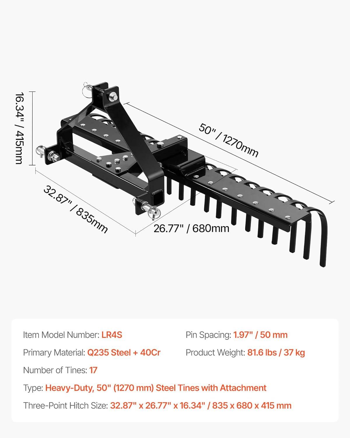 image:imageVEVOR Tow Behind Dethatcher 48inch Tow Dethatcher with 24 Spring Steel Tines Lawn Dethatcher Rake for ATV or Mower Tow Behind Lawn Rake with Lift Handle for Garden Farm Grass50 Dethatcher with 3Point Attachments