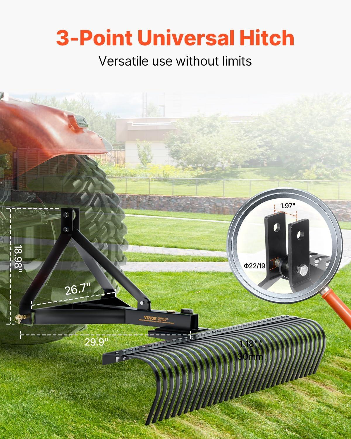 image:imageVEVOR Tow Behind Dethatcher 48inch Tow Dethatcher with 24 Spring Steel Tines Lawn Dethatcher Rake for ATV or Mower Tow Behind Lawn Rake with Lift Handle for Garden Farm Grass72 Tow Dethatcher with 3point Attachments