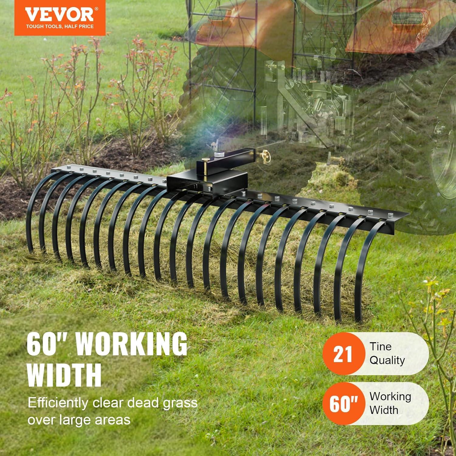 image:imageVEVOR Tow Behind Dethatcher 48inch Tow Dethatcher with 24 Spring Steel Tines Lawn Dethatcher Rake for ATV or Mower Tow Behind Lawn Rake with Lift Handle for Garden Farm Grass60 Rake without 3Point Attachments