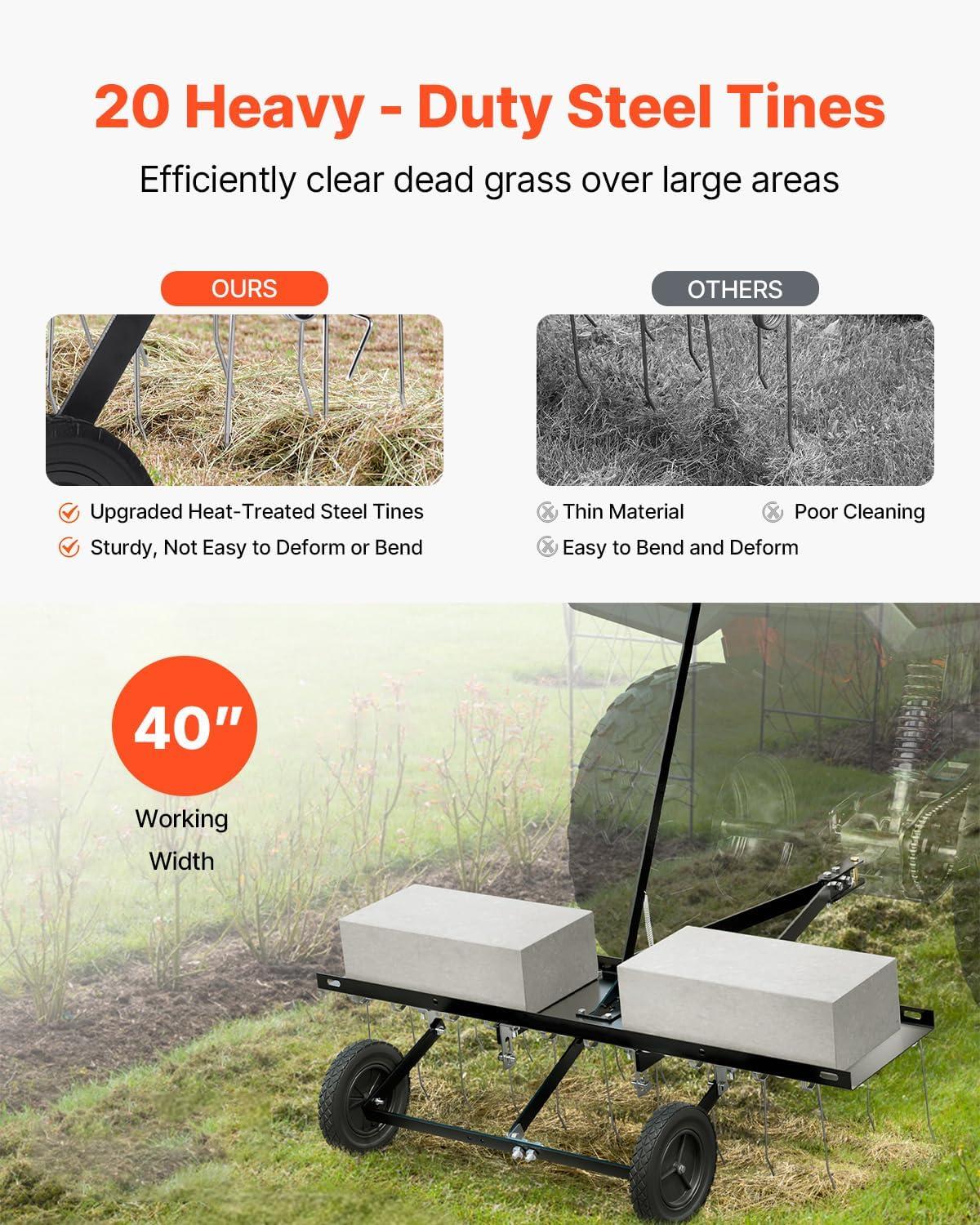 image:imageVEVOR Tow Behind Dethatcher 48inch Tow Dethatcher with 24 Spring Steel Tines Lawn Dethatcher Rake for ATV or Mower Tow Behind Lawn Rake with Lift Handle for Garden Farm Grass40 Tow Behind Dethatcher