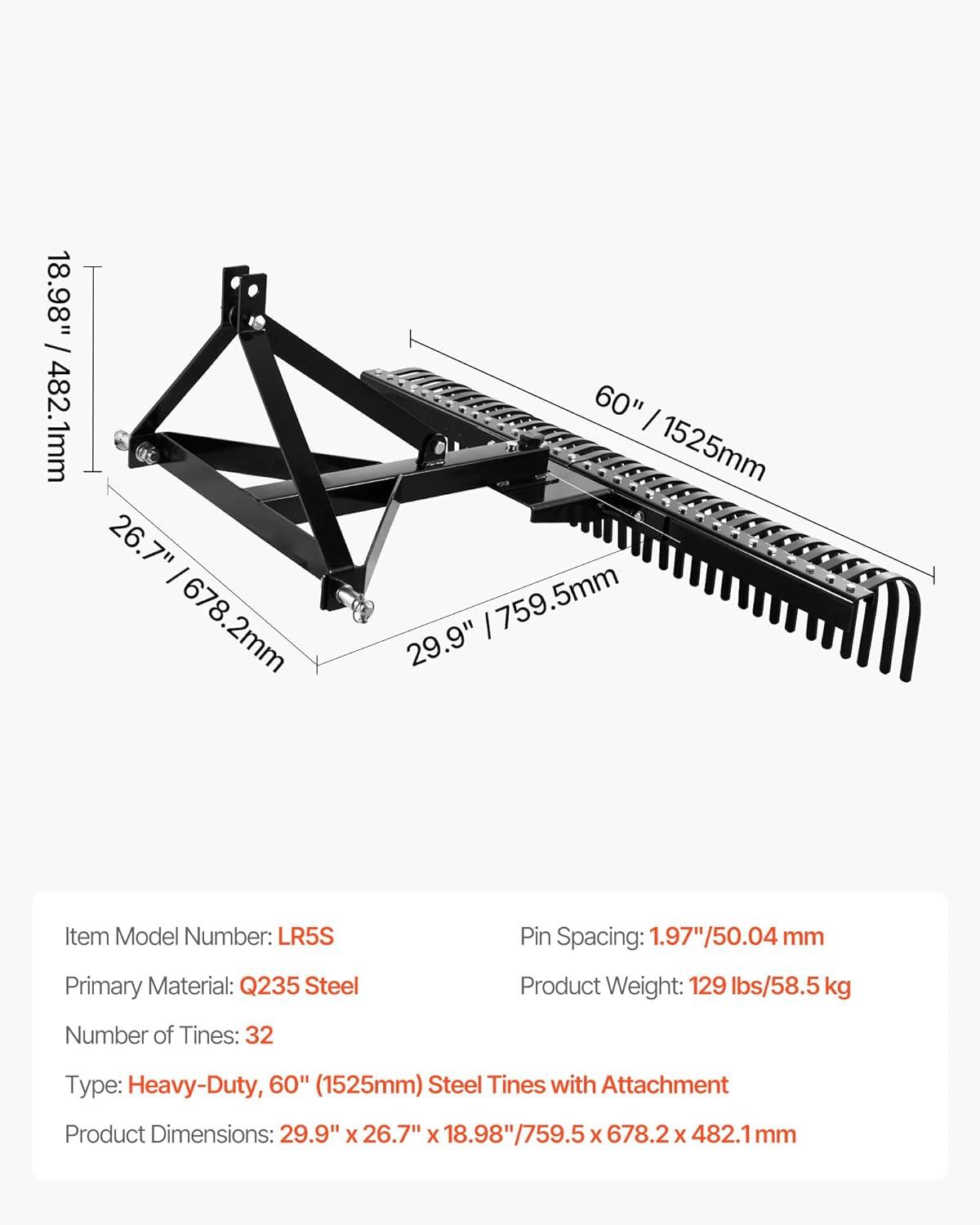 image:imageVEVOR Tow Behind Dethatcher 48inch Tow Dethatcher with 24 Spring Steel Tines Lawn Dethatcher Rake for ATV or Mower Tow Behind Lawn Rake with Lift Handle for Garden Farm Grass60 3point Dethatcher with Attachments