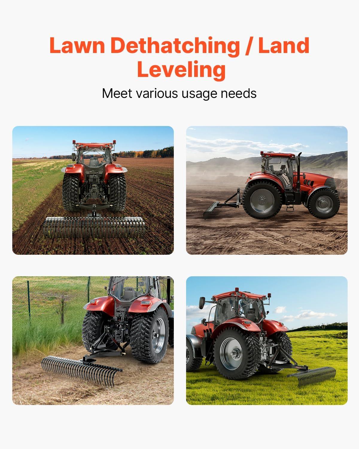 image:imageVEVOR Tow Behind Dethatcher 48inch Tow Dethatcher with 24 Spring Steel Tines Lawn Dethatcher Rake for ATV or Mower Tow Behind Lawn Rake with Lift Handle for Garden Farm Grass72 Tow Dethatcher with 3point Attachments