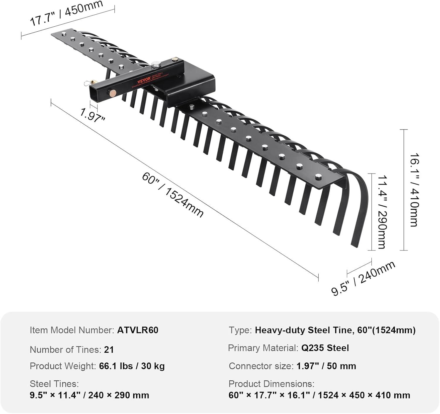 image:imageVEVOR Tow Behind Dethatcher 48inch Tow Dethatcher with 24 Spring Steel Tines Lawn Dethatcher Rake for ATV or Mower Tow Behind Lawn Rake with Lift Handle for Garden Farm Grass60 Rake without 3Point Attachments