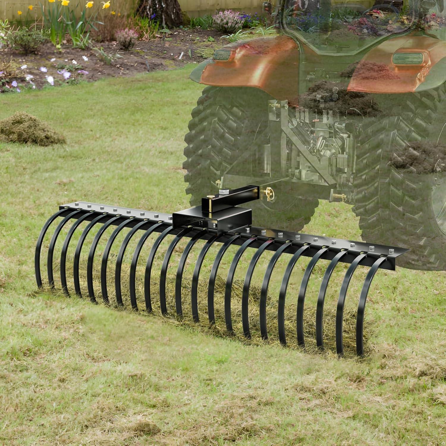 image:imageVEVOR Tow Behind Dethatcher 48inch Tow Dethatcher with 24 Spring Steel Tines Lawn Dethatcher Rake for ATV or Mower Tow Behind Lawn Rake with Lift Handle for Garden Farm Grass60 Rake without 3Point Attachments