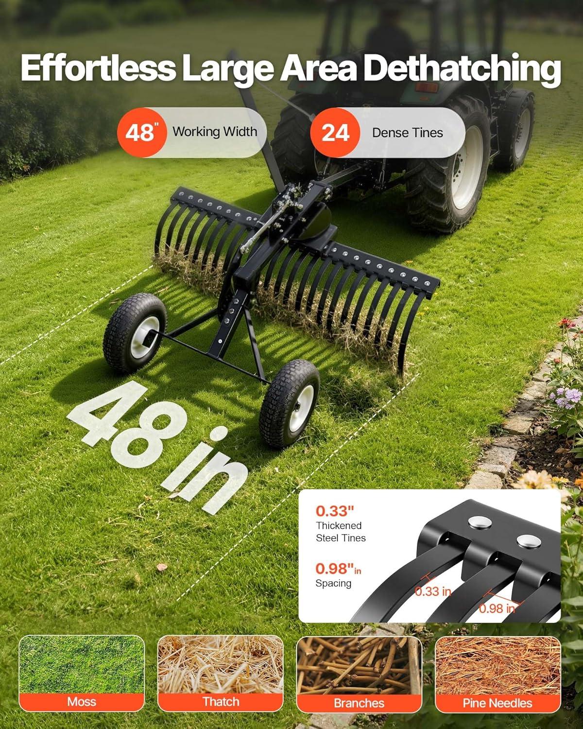 image:imageVEVOR Tow Behind Dethatcher 48inch Tow Dethatcher with 24 Spring Steel Tines Lawn Dethatcher Rake for ATV or Mower Tow Behind Lawn Rake with Lift Handle for Garden Farm Grass48 Dethatcher with Height Adjustment