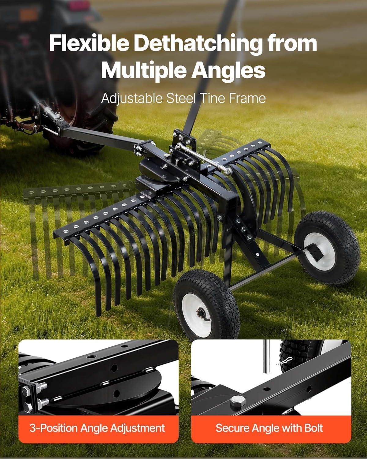 image:imageVEVOR Tow Behind Dethatcher 48inch Tow Dethatcher with 24 Spring Steel Tines Lawn Dethatcher Rake for ATV or Mower Tow Behind Lawn Rake with Lift Handle for Garden Farm Grass48 Dethatcher with Height Adjustment