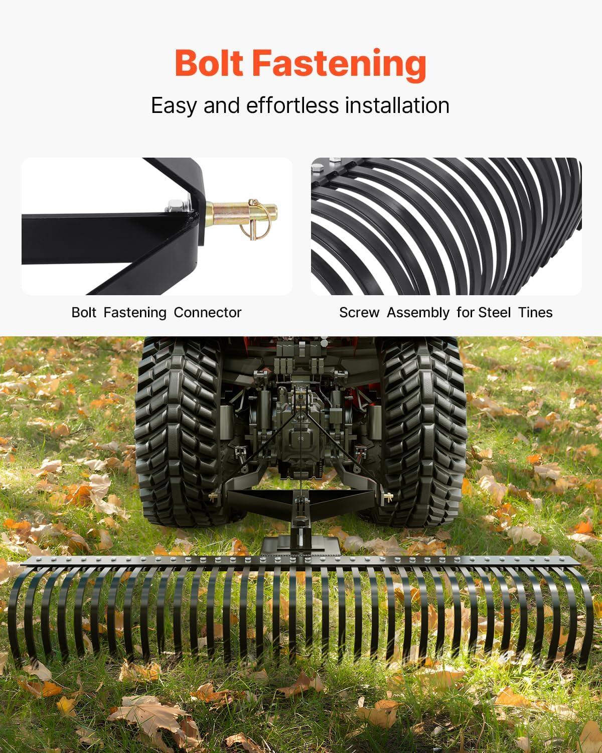 image:imageVEVOR Tow Behind Dethatcher 48inch Tow Dethatcher with 24 Spring Steel Tines Lawn Dethatcher Rake for ATV or Mower Tow Behind Lawn Rake with Lift Handle for Garden Farm Grass72 Tow Dethatcher with 3point Attachments