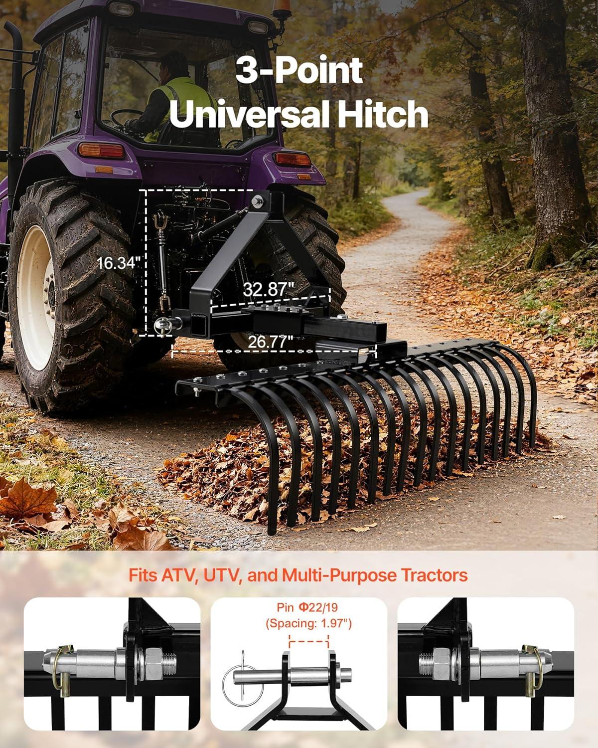 image:imageVEVOR Tow Behind Dethatcher 48inch Tow Dethatcher with 24 Spring Steel Tines Lawn Dethatcher Rake for ATV or Mower Tow Behind Lawn Rake with Lift Handle for Garden Farm Grass50 Dethatcher with 3Point Attachments