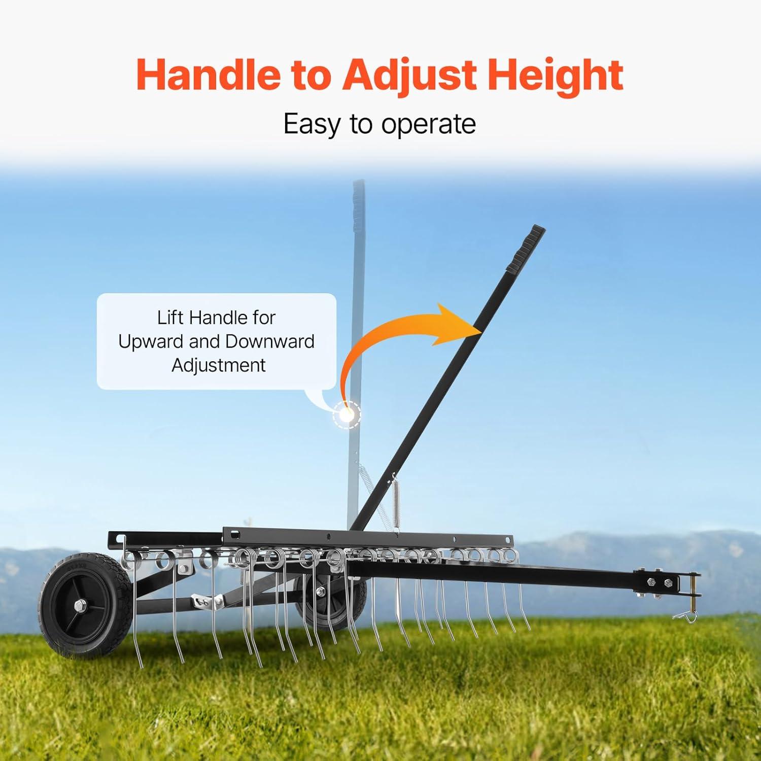 image:imageVEVOR Tow Behind Dethatcher 48inch Tow Dethatcher with 24 Spring Steel Tines Lawn Dethatcher Rake for ATV or Mower Tow Behind Lawn Rake with Lift Handle for Garden Farm Grass48 ATV Rake