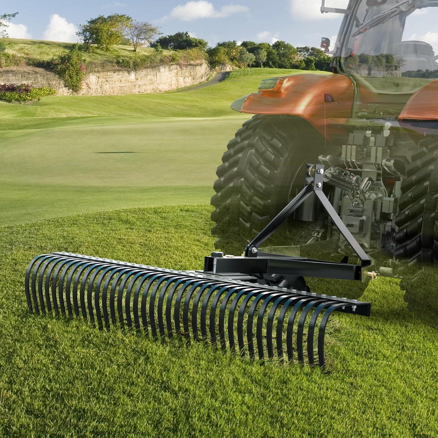 image:imageVEVOR Tow Behind Dethatcher 48inch Tow Dethatcher with 24 Spring Steel Tines Lawn Dethatcher Rake for ATV or Mower Tow Behind Lawn Rake with Lift Handle for Garden Farm Grass72 Tow Dethatcher with 3point Attachments