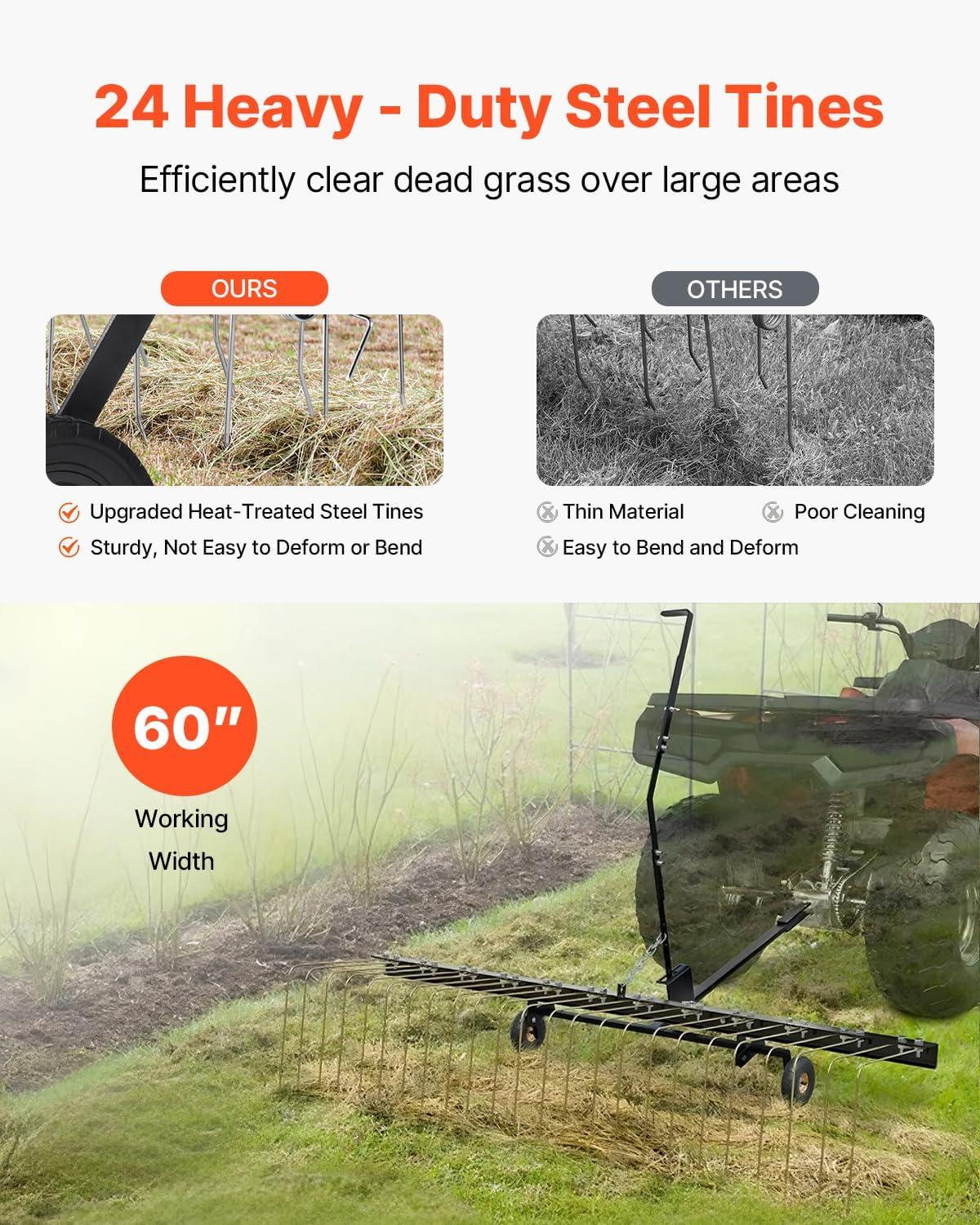 image:imageVEVOR Tow Behind Dethatcher 48inch Tow Dethatcher with 24 Spring Steel Tines Lawn Dethatcher Rake for ATV or Mower Tow Behind Lawn Rake with Lift Handle for Garden Farm Grass60 Tow Behind Dethatcher