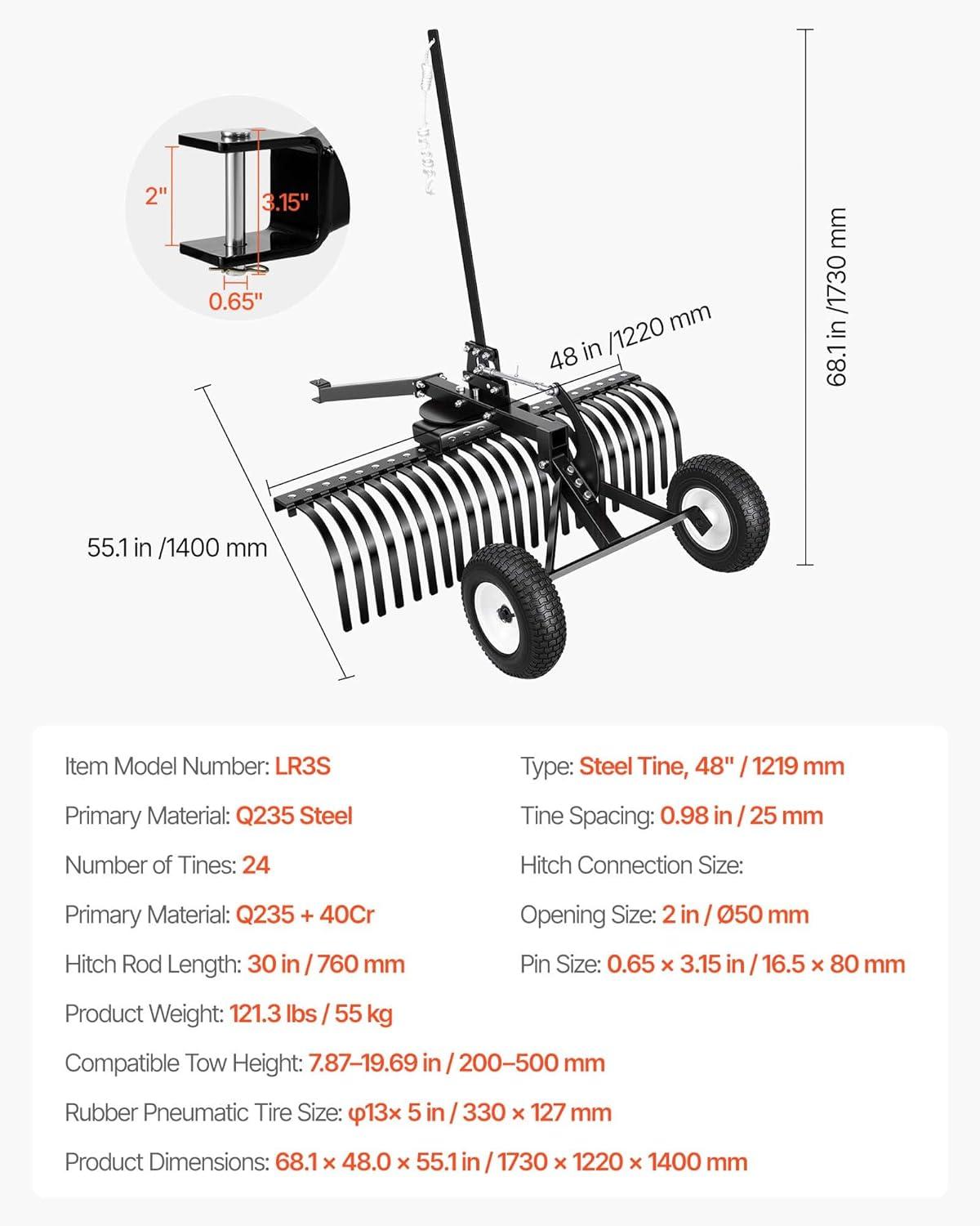 image:imageVEVOR Tow Behind Dethatcher 48inch Tow Dethatcher with 24 Spring Steel Tines Lawn Dethatcher Rake for ATV or Mower Tow Behind Lawn Rake with Lift Handle for Garden Farm Grass48 Dethatcher with Height Adjustment