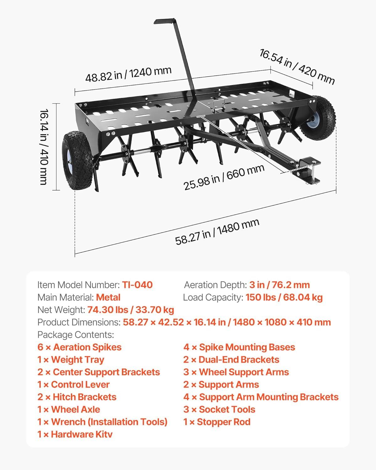image:imageVEVOR Tow Behind Plug Aerator 32 in Lawn Spike Aerator with Universal Hitch Heavy Duty amp RustResistant Pull Behind Spike Aerator Tool with Folded Edge Tray for Farmland amp Garden TractorsCore Aerator 48in