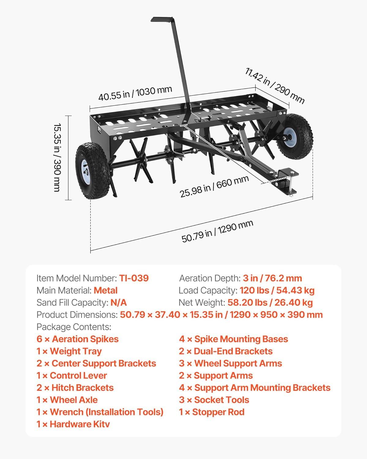 image:imageVEVOR Tow Behind Plug Aerator 32 in Lawn Spike Aerator with Universal Hitch Heavy Duty amp RustResistant Pull Behind Spike Aerator Tool with Folded Edge Tray for Farmland amp Garden TractorsCore Aerator 40in