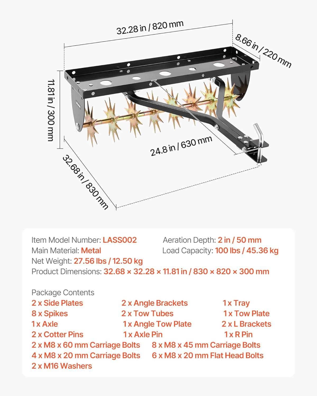 image:imageVEVOR Tow Behind Plug Aerator 32 in Lawn Spike Aerator with Universal Hitch Heavy Duty amp RustResistant Pull Behind Spike Aerator Tool with Folded Edge Tray for Farmland amp Garden TractorsSpike Aerator 32in