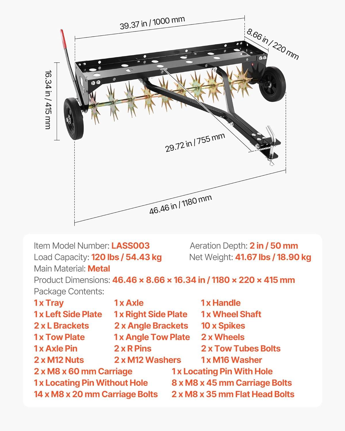 image:imageVEVOR Tow Behind Plug Aerator 32 in Lawn Spike Aerator with Universal Hitch Heavy Duty amp RustResistant Pull Behind Spike Aerator Tool with Folded Edge Tray for Farmland amp Garden TractorsSpike Aerator 40in